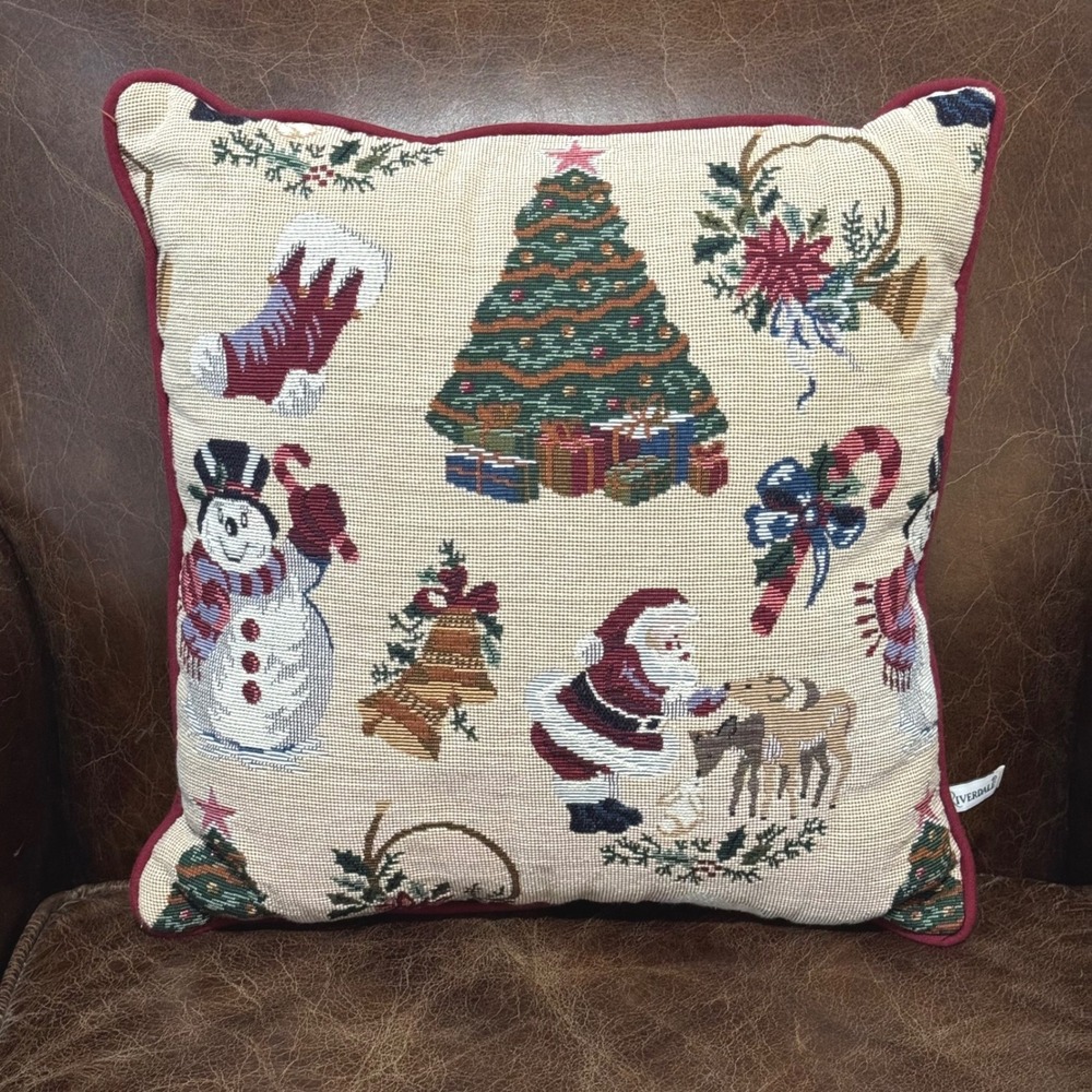 Riverdale Vintage Christmas Tapestry Throw Pillow Santa Snowman Tree 16"
